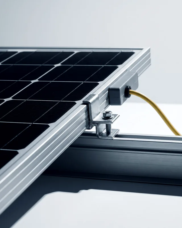 Kante eines Photovoltaik-Moduls mit Klemme und gelbem Kabel